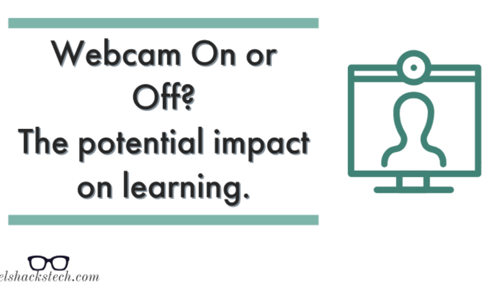Cartoon of a computer with a webcam icon on it. Wording "Webcam On or Off? The potential impact on learning.