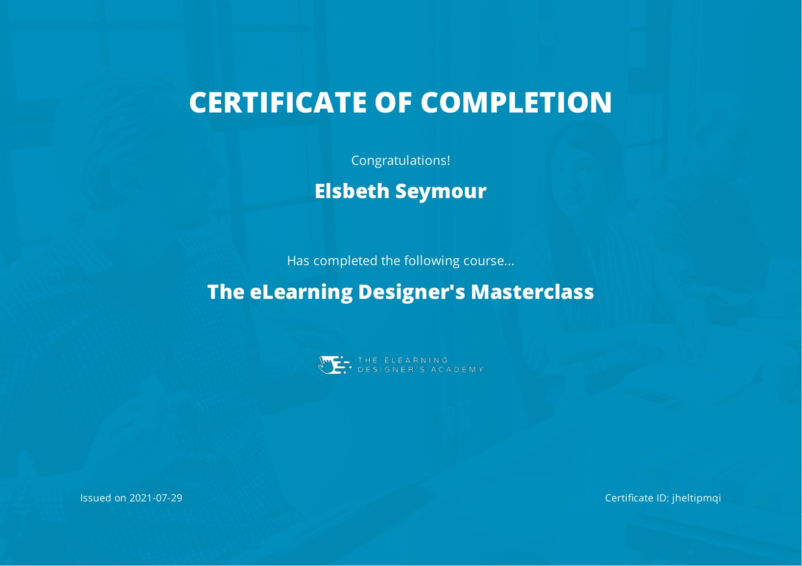 Certificate from completing Tim Slade's eLearning Designer's Masterclass