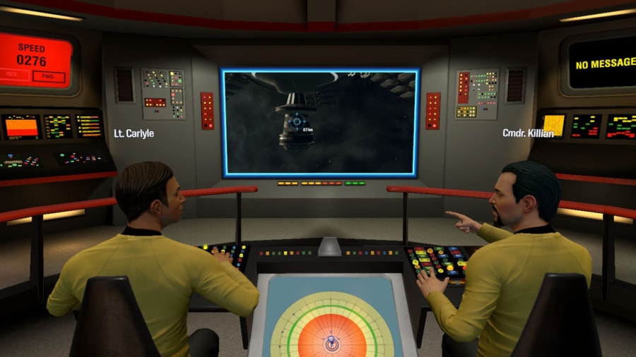 Two people playing Stark trek bridge crew in VR